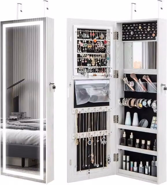 Armadietto Portagioie da Parete COSTWAY Bianco con Specchio, Luci LED e Serratura, L/P/H: 40 x 12,5 x 120 cm – 1