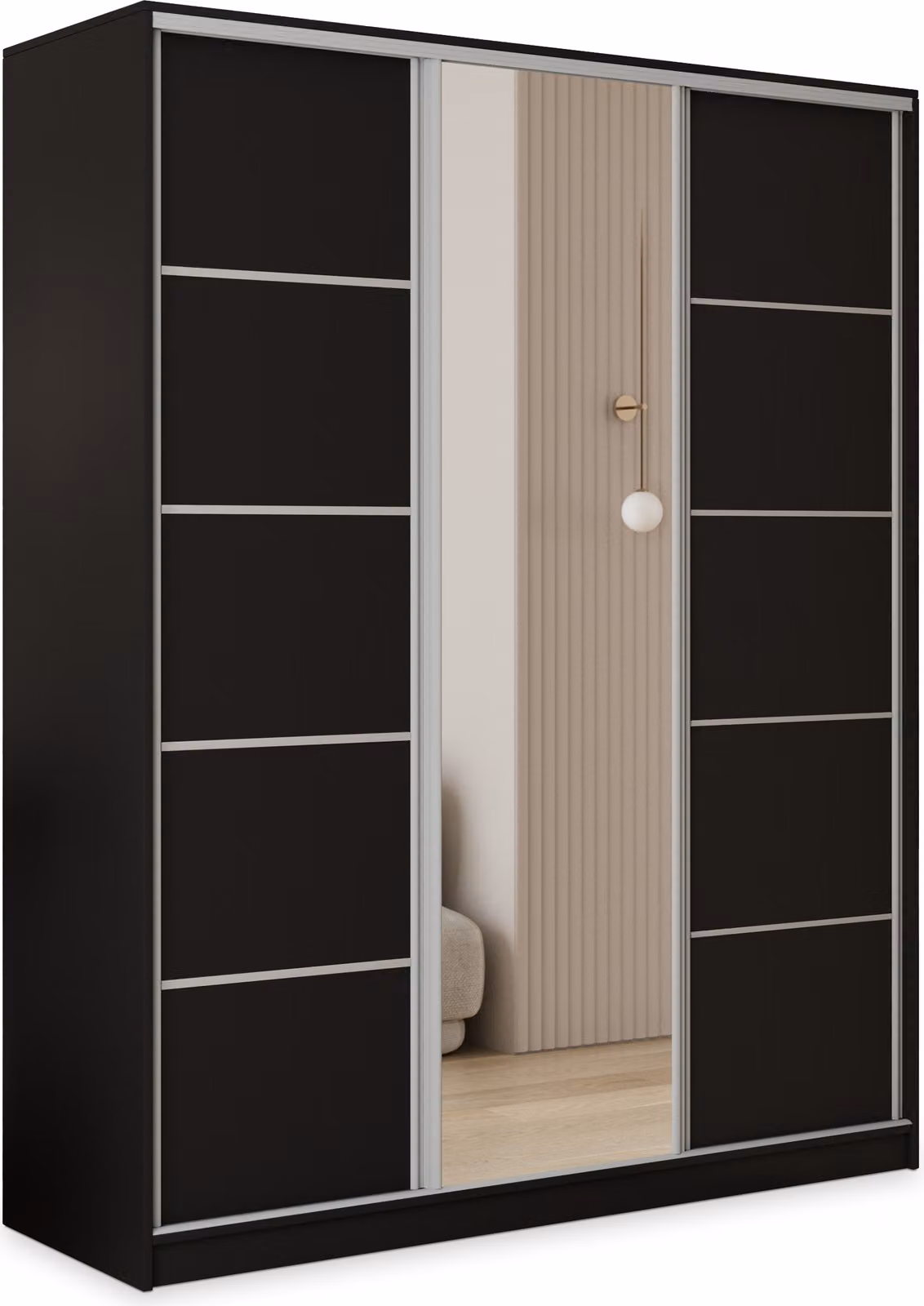 Armadio scorrevole Masseno PINA 160/205/58 cm Armadio con 4 cassetti Armadio per camera da letto a 3 ante con specchio Nero
