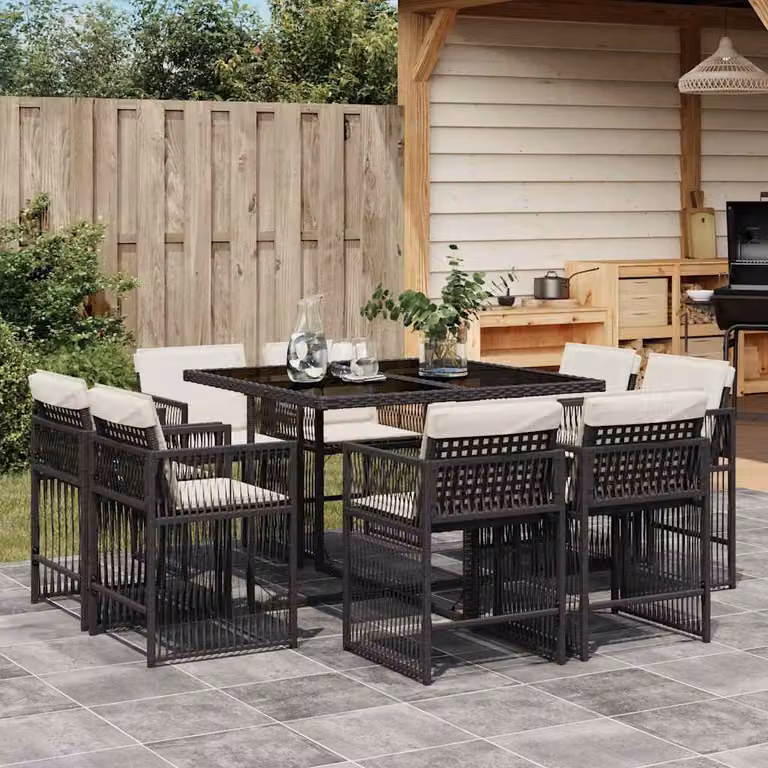 Set da pranzo da giardino vidaXL in polyrattan nero con cuscini e piano in vetro per 9 persone
