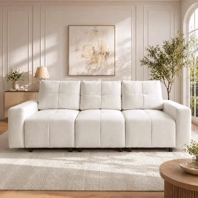 Divano modulare 3 posti convertibile 213 cm in tessuto chenille beige bianco