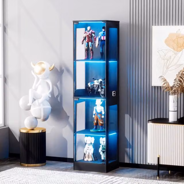 Vetrina in vetro a 4 ripiani con illuminazione LED, ante in vetro e sensori intelligenti. A prova di polvere, per soggiorno, camera da letto e ufficio. Nero. 40x35x165 cm
