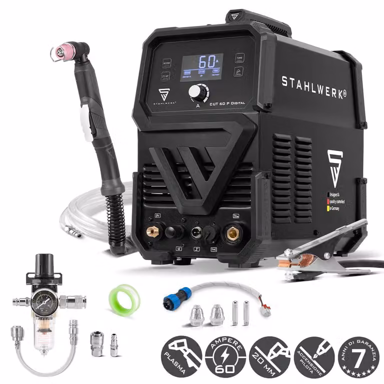 STAHLWERK Taglierina al plasma CUT 60 P Digital - Taglierina al plasma da 60 A, capacità di taglio fino a 20 mm, taglierina al plasma ad inverter con accensione pilotata HF