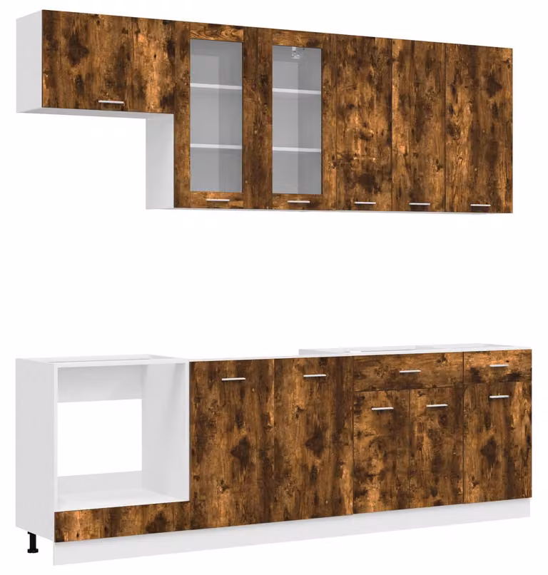 Set da cucina LYON, 8 pezzi, realizzato in legno impiallacciato di quercia affumicata