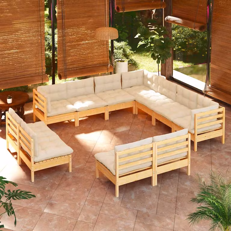 Set di divani da giardino vidaXL in legno massello di pino con cuscini beige, 11 pezzi, forma a U