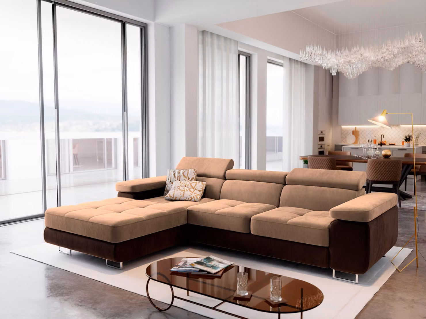 Divano angolare Masseno ELMA L-S con funzione letto a L, divano con box letto, divano da salotto, divano, divano letto, set di divani - beige, MONOLITH 09 + MONOLITH 29