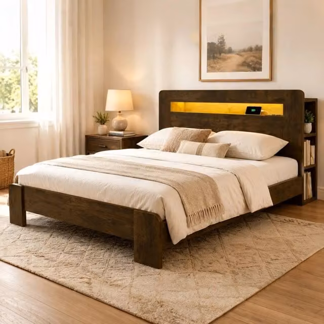 Letto matrimoniale in legno 140 x 200 cm con testiera contenitore; LED e prese integrate; effetto vintage
