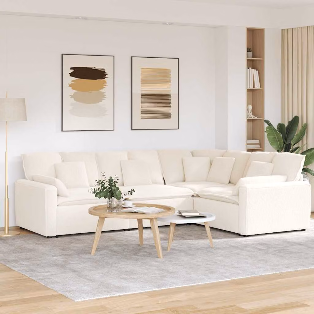 vidaXL Divano Modulare a L in Tessuto Bouclé con Cuscini, Beige e Bianco