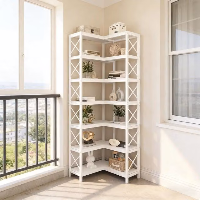 Scaffale angolare industriale WISHDOR a 7 livelli in metallo e legno, bianco, L/P/H: 117 x 30 x 29 cm