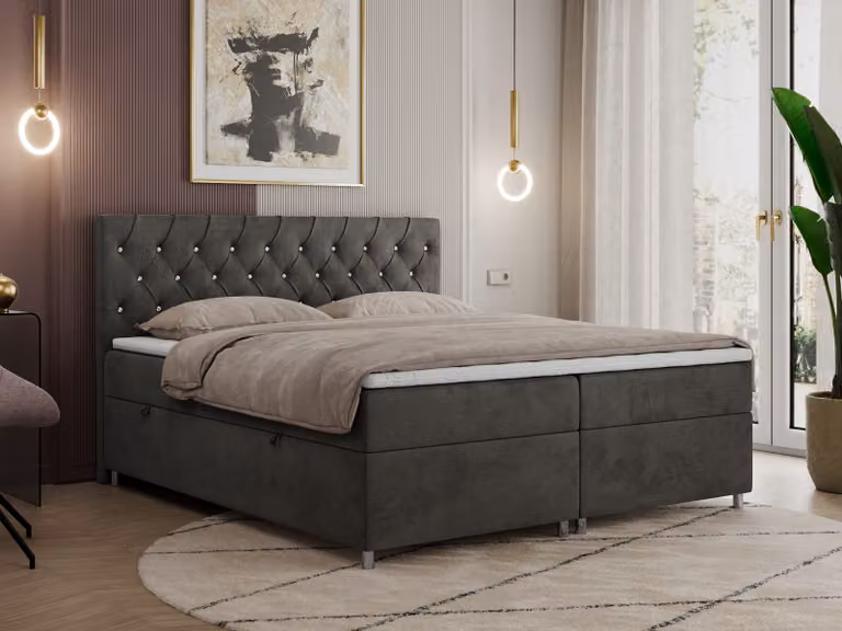 Letto boxspring 180x200 con contenitore, letto boxspring 180x200 con materasso, letto matrimoniale con materasso e topper - Letto imbottito con testiera - ROMA - 180x200 - Grigio scuro - Velvet - H4