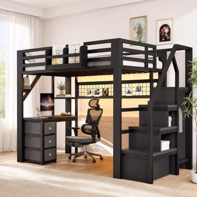 Letto a soppalco ULEVR 140x200 cm con scrivania, armadio, 3 cassetti e LED Bluetooth, nero