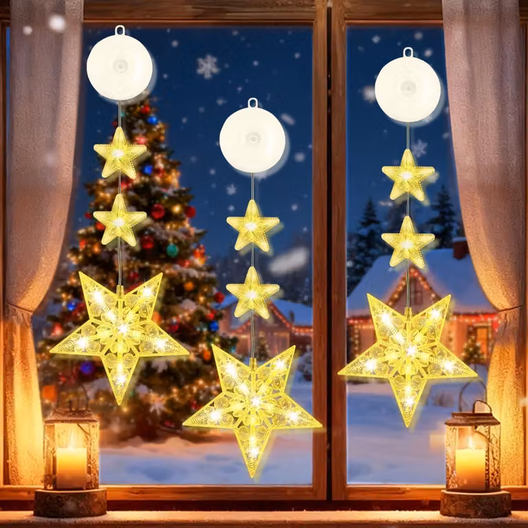 Luci natalizie a forma di stella, luce giallo caldo, tecnologia LED, set da 3, lunghezza 74 cm