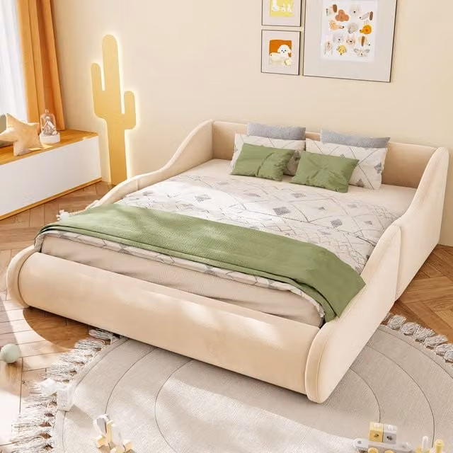 Letto imbottito per bambini 140x200 cm in velluto con testiera alta, griglie laterali, materasso integrato, elegante Beige, letto singolo