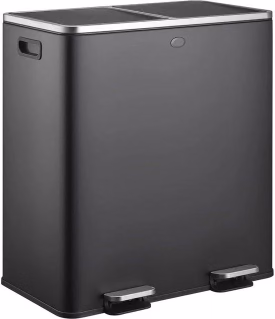 Pulitore di Pedale per Differenziazione Rifiuti - 60 Litri di Contenitore dei Rifiuti con 2 Celle - Chiusura Soft RVS per Cucina o Ufficio - Nero Opaco