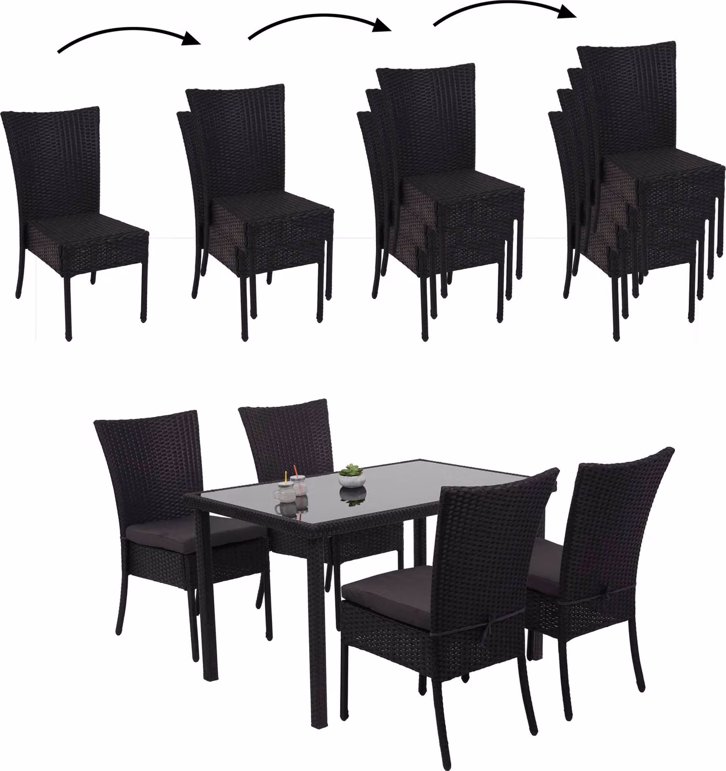 Set in polyrattan MCW-G19, set da balcone/salottino, 4 sedie + tavolo, 120x75 cm ~ nero, cuscini grigio scuro
