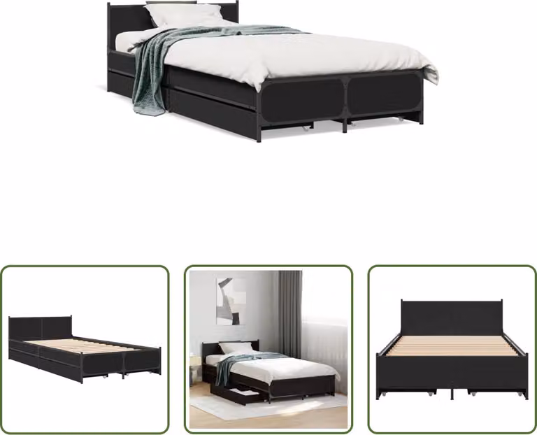 The Living Store Giroletto con cassetti nero 75x190 cm in materiale ligneo
