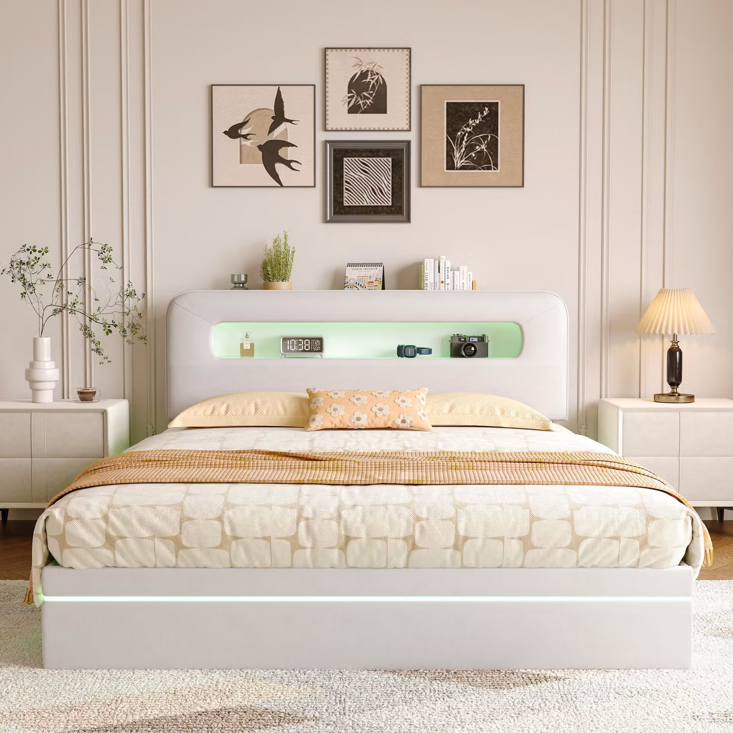 Letto imbottito Fortuna Lai 140x200cm con letto per ragazzi a LED e contenitore, rete idraulica, testata con ripiani e illuminazione della testata, beige, velluto