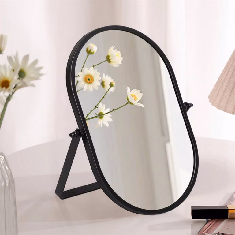 Specchio da trucco ovale, con cornice in metallo nero, girevole su un lato, portatile, confezione singola, ideale per il bagno