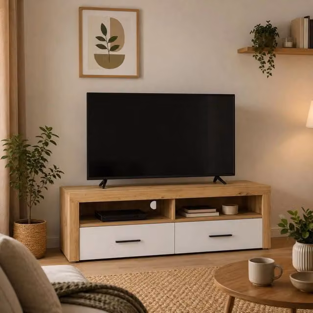 DMORA Mobile Porta TV Moderno con 2 Cassetti, Bianco e Legno, L 155 cm x P 50 cm x H 48 cm