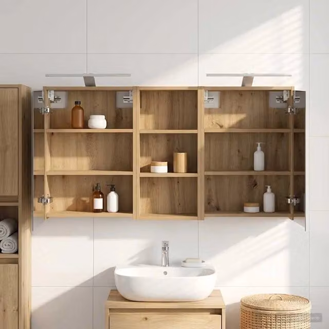 Set di 3 armadi da bagno vidaXL in legno marrone con specchio e illuminazione LED, L/P/H: 116 x 16 x 62,5 cm – 1