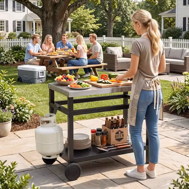 Carrello BBQ 34" x 20" Tavolo per Barbecue a Doppio Ripiano con Piano in Acciaio Inox e Ruote Nero per Giardino