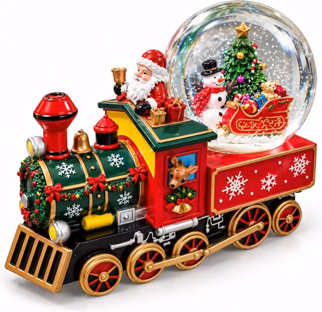 Carillon locomotiva natalizia con sfera di neve in vetro, Babbo Natale sul treno, a carica meccanica, dimensioni 22x13x17,5 cm