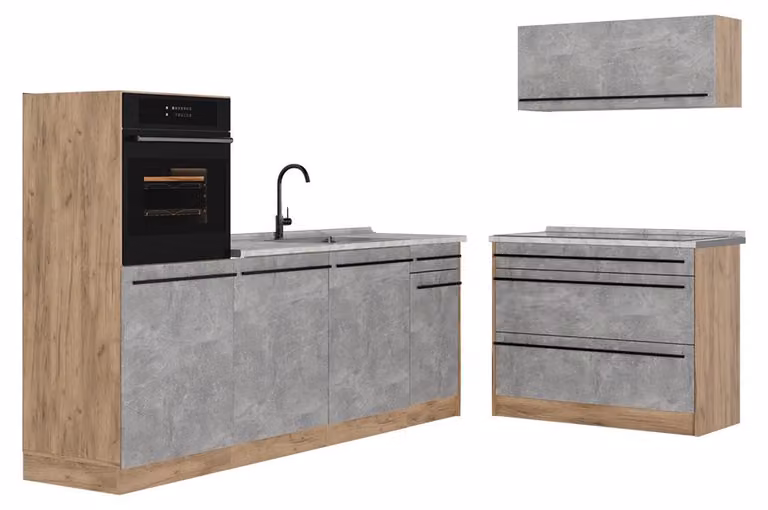 Cucina componibile Vicco R-Line Calcestruzzo/Rovere dorato 220 cm piano di lavoro Marmo, Model 67431