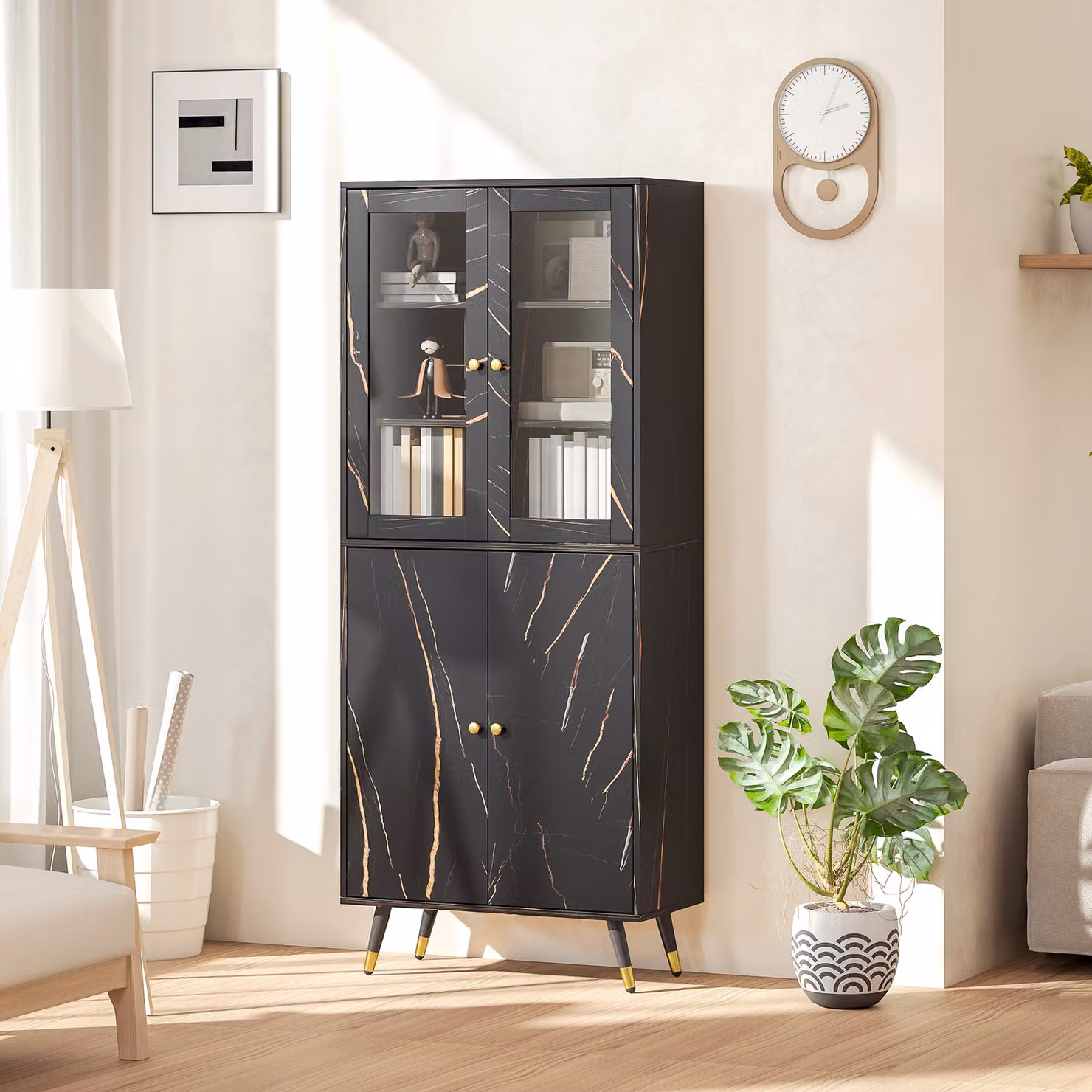 Libreria HOMCOM con 6 ripiani, mobile contenitore con anta vetrata e armadietto, nero, L: 70 cm, P: 35 cm, H: 170 cm – 2