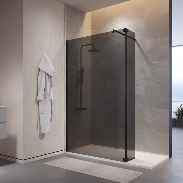 Doccia walk-in 80cm + anta 30cm vetro temperato anticalcare 10mm fumé profili neri | Naxos