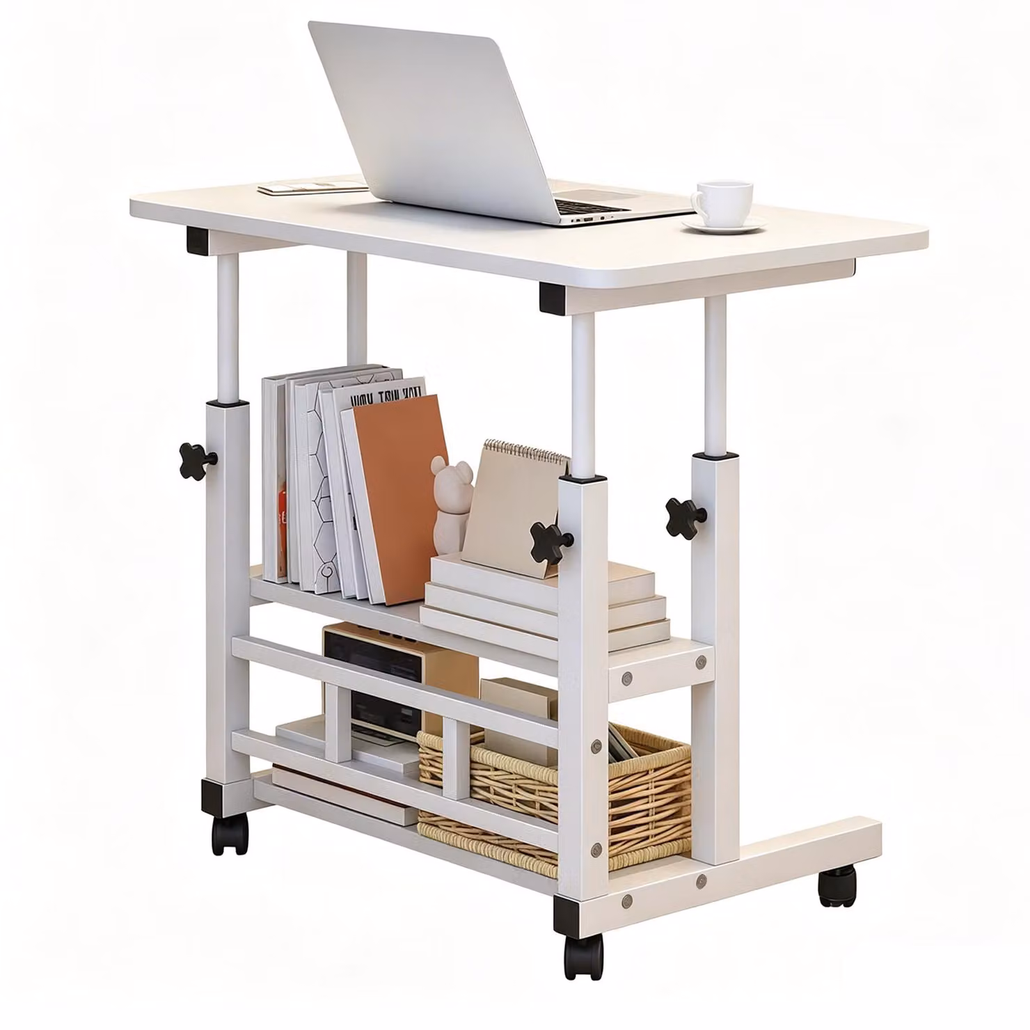Tavolo regolabile in altezza per laptop, con rotelle e ripiani, ideale come scrivania per computer, carrello per PC, scrivania da lavoro, tavolino da caffè o tavolino ausiliario, dimensioni 63-90 x 80 x 40 cm
