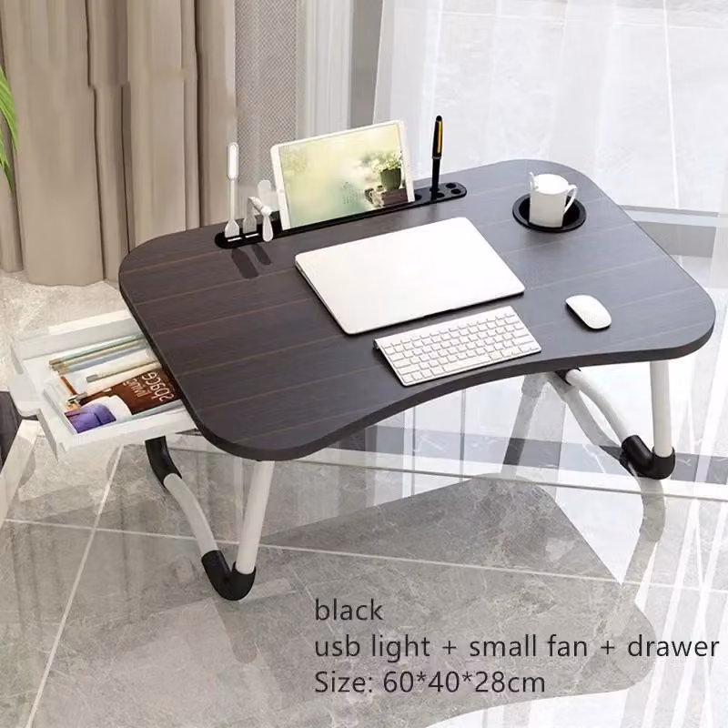 Tavolino pieghevole per laptop, ideale per letto e divano - Tavolino rettangolare in legno con struttura in metallo - Vassoio portatile per lavorare e leggere - Colore nero, con cassetto USB