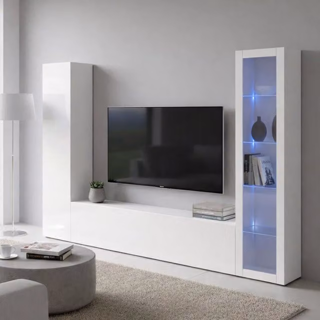 Mobile Soggiorno Felicina, Parete Attrezzata 9 Ripiani Made in Italy, 260x30x180h cm Bianco Lucido
