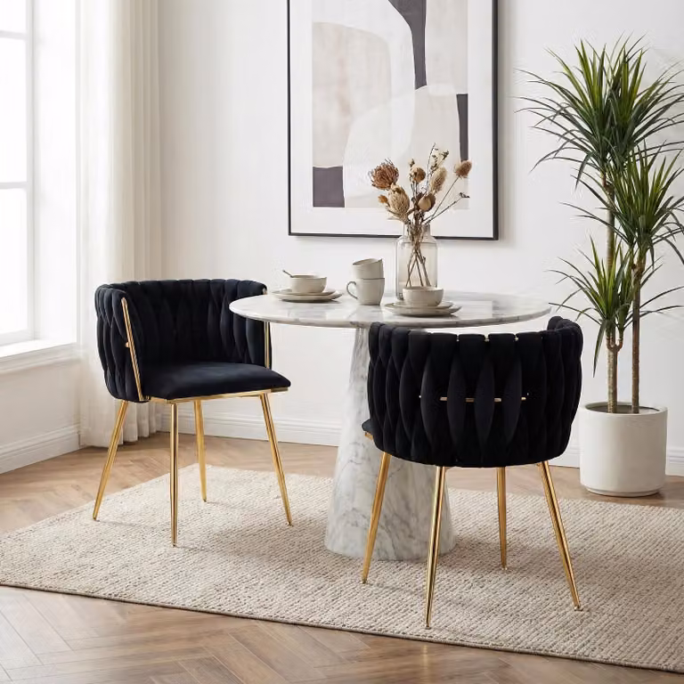 LVHOM Sedie da pranzo Sedia da salotto rivestita in velluto Set di 2 sedie imbottite Stile intrecciato, Sedia da pranzo, Struttura in metallo dorato, Nero