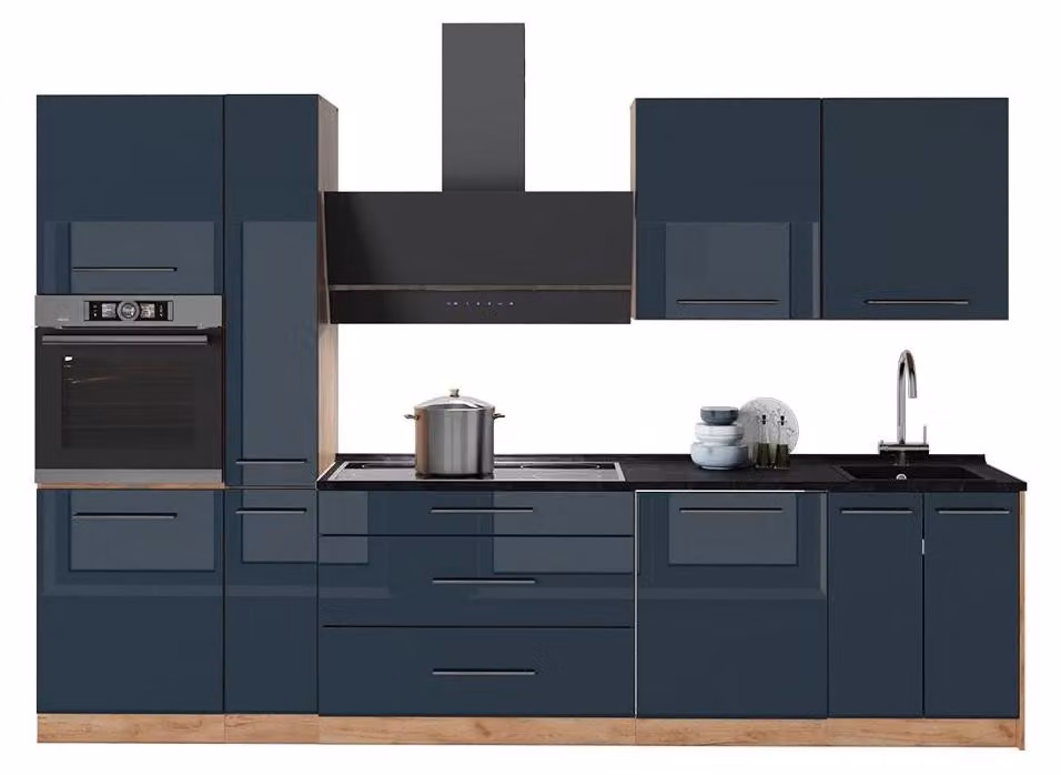 Cucina componibile Vicco Fame-Line Blu scuro lucido/Rovere dorato 310 cm senza piano di lavoro, Model 65746
