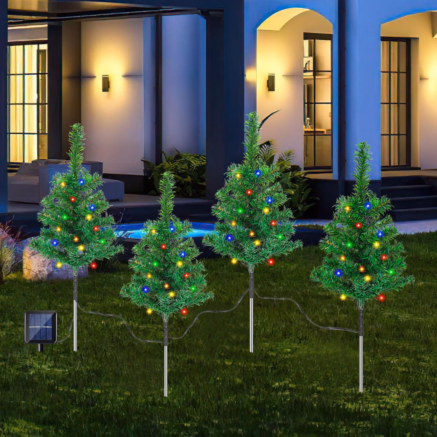 Ikodm, albero di Natale solare da giardino, 8 pezzi, 160 LED colorati, 8 modalità di illuminazione, 50 cm, decorazione natalizia per il giardino