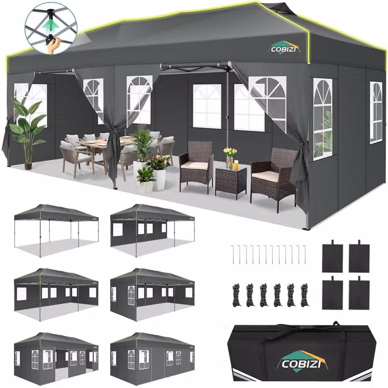 Gazebo da esterno 3x6 metri, grigio, impermeabile, con 6 pareti laterali, protezione UV e sistema di chiusura centralizzato
