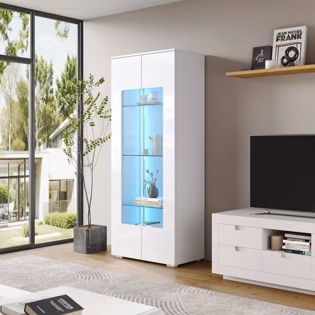 Vetrina soggiorno 70x40x173 cm con LED e ante in acrilico; MDF bianco