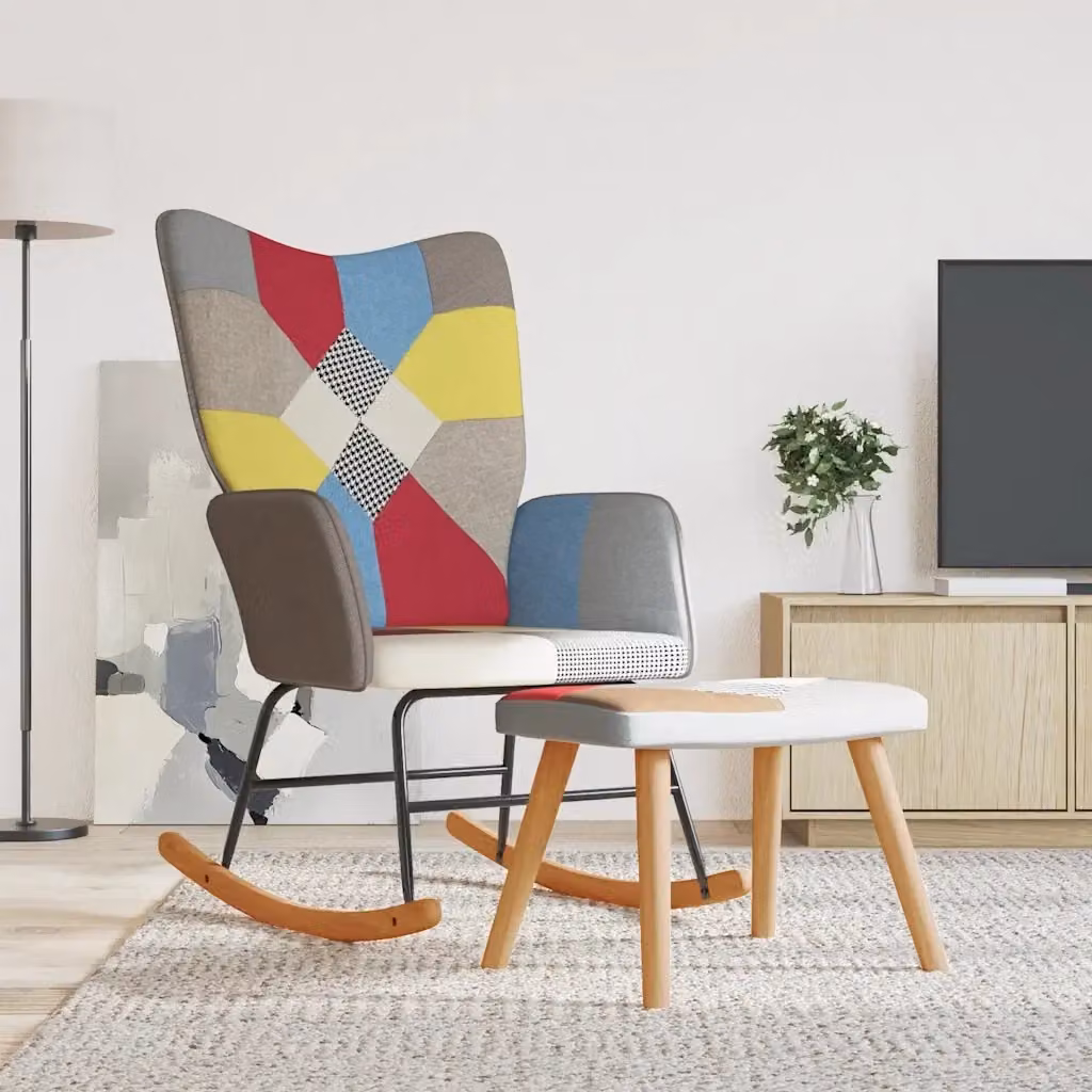 Sedia a Dondolo Relax con Poggiapiedi in Tessuto Patchwork Multicolore CFW8126411 – 2