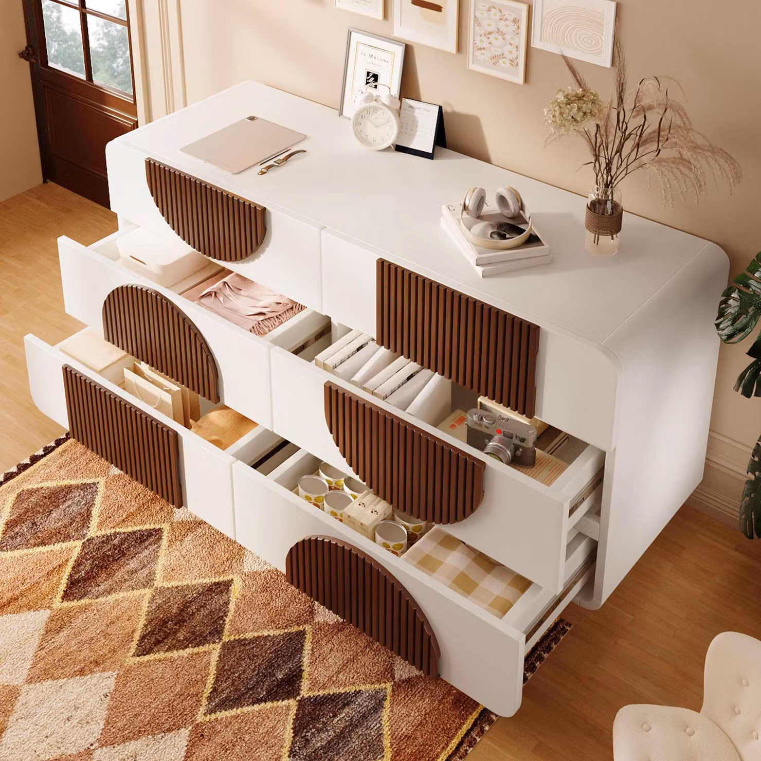 Credenza STILVORA con 6 cassetti, cassettiera con sistema antiribaltamento, mobile ausiliario con piedini antiscivolo, bianco + marrone