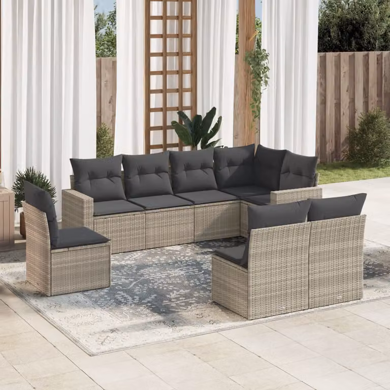 vidaXL Set Divano da Giardino a L 8pz in Polyrattan Grigio con Cuscini Imbottiti e Rivestimenti Rimovibili
