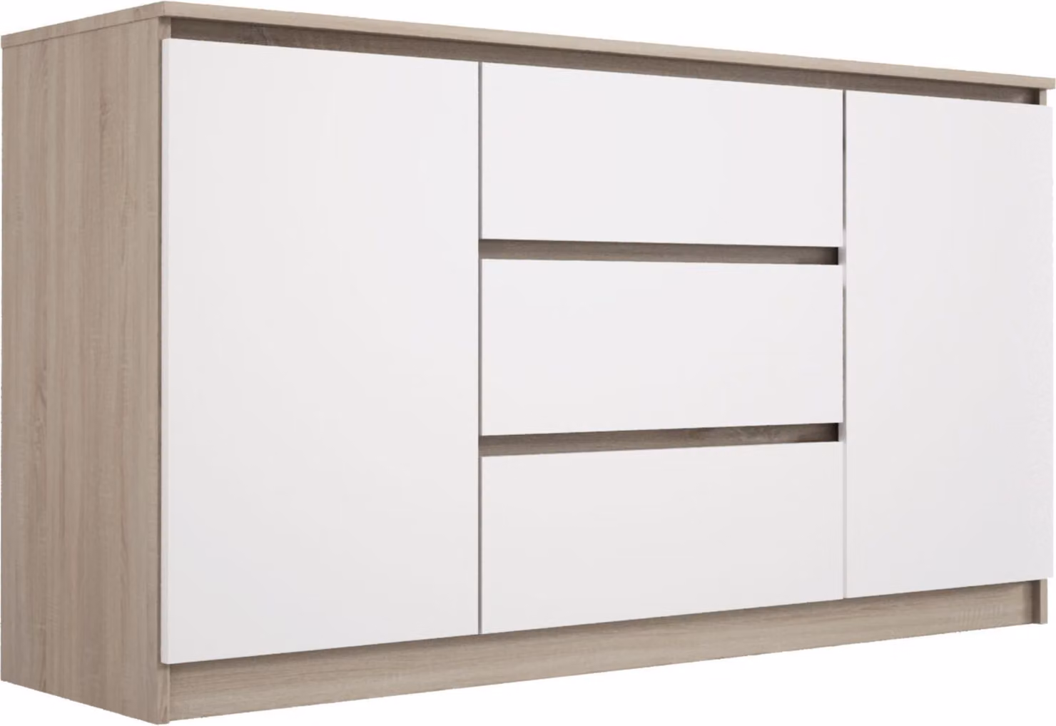 Comodino: 3 cassetti e 2 ante, colore: rovere Sonoma / bianco opaco