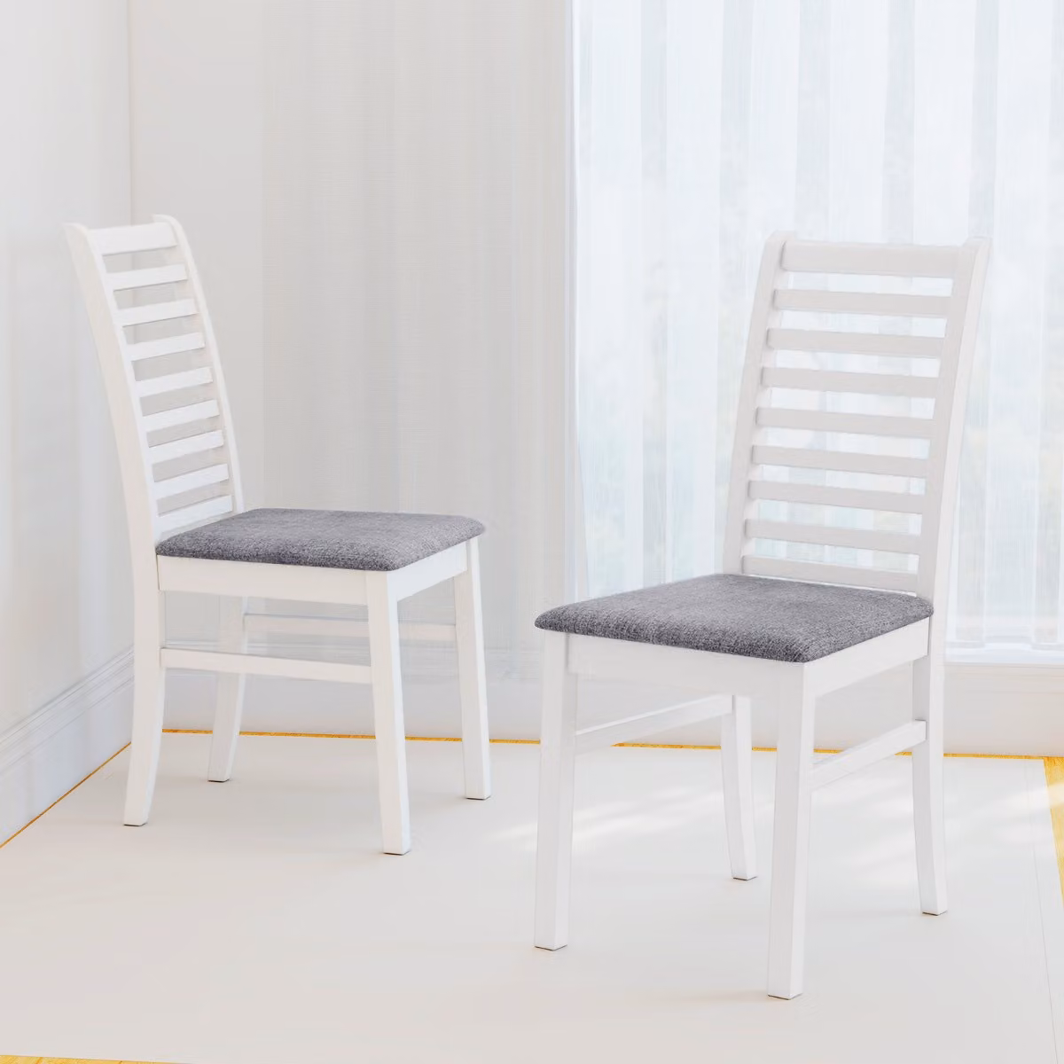 Sedie da cucina Costway con schienale alto e curvato, seduta imbottita in tessuto e gambe in legno di gomma, colore Bianco