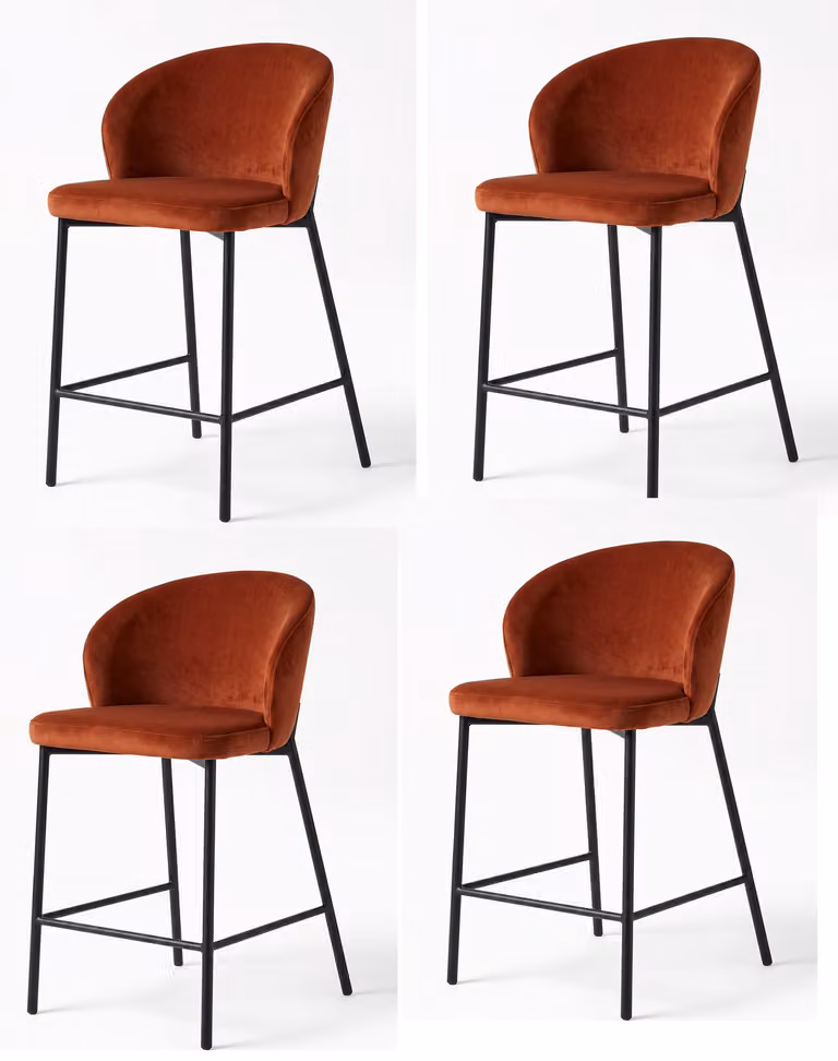 Set di 4 eleganti sgabelli da bar in velluto, con poggiapiedi, di alta qualità, ideali per la cucina, colore arancione