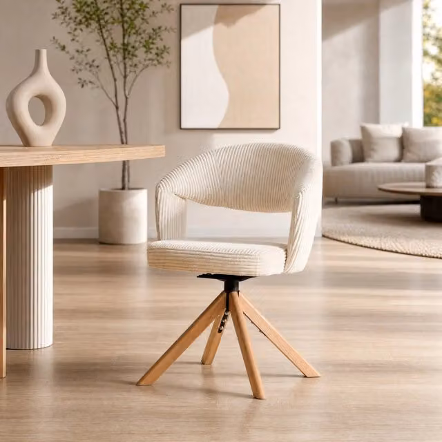 Set di 2 sedie da pranzo girevoli Mivray in velluto a coste bianco beige con gambe in legno