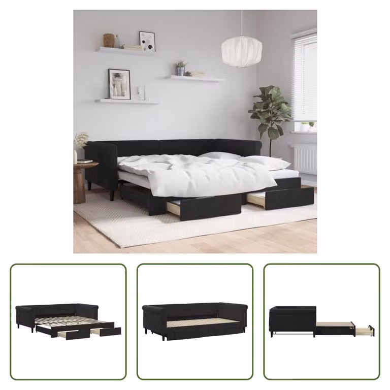 The Living Store Letto da giorno allungabile con cassetti nero 100x200 cm in velluto
