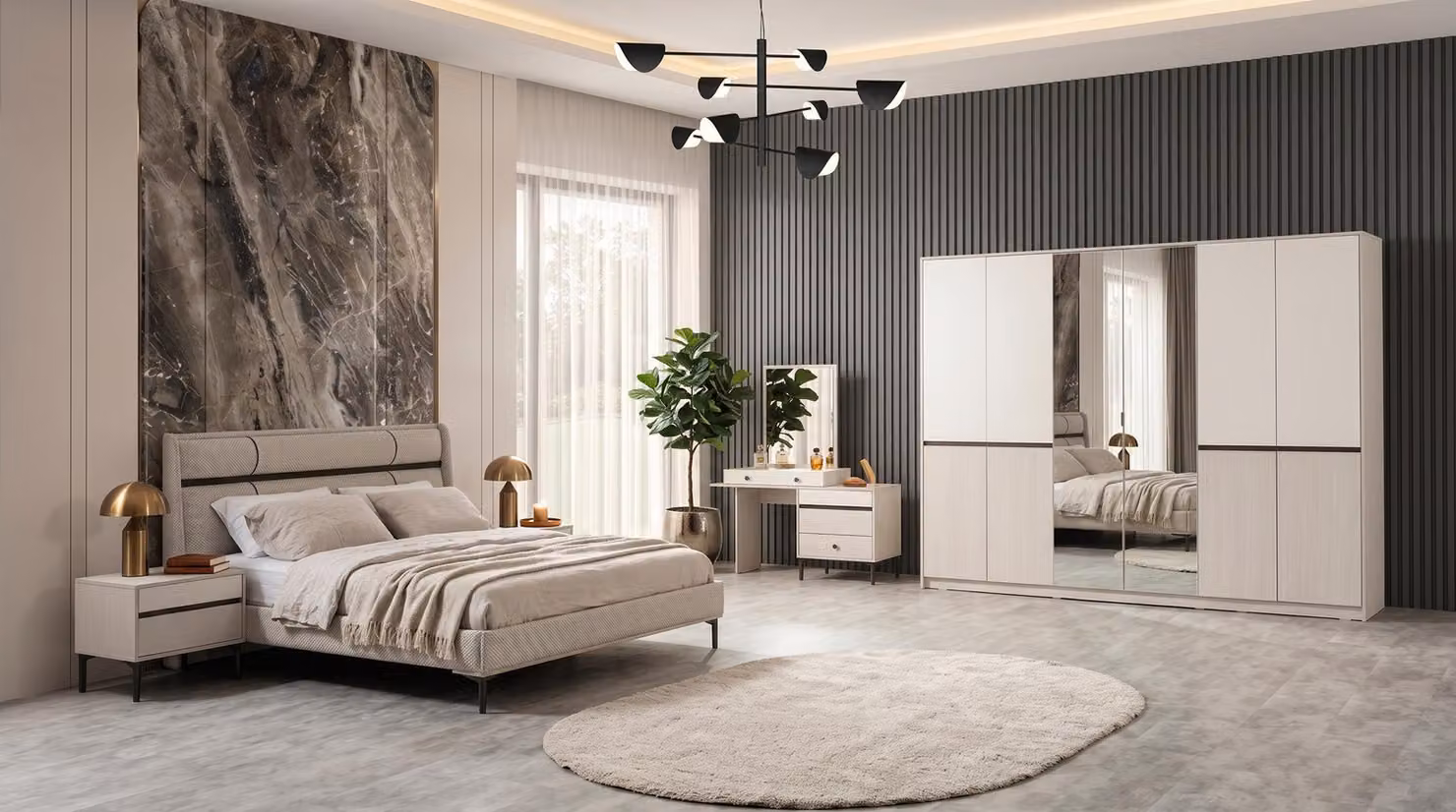 Set di mobili da camera da letto color beige, composto da letto, armadio, comò, specchiera e comodini, dal design lussuoso