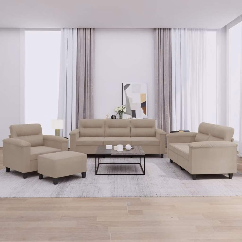 Set di Divani vidaXL 4 Pezzi in Microfibra con Ottoman e Cuscini, Colore Grigio o Beige – 1