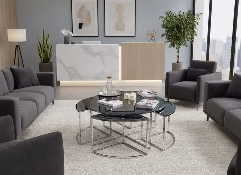 Tavolino da salotto moderno, minimalista, grigio, elegante, di classe e confortevole