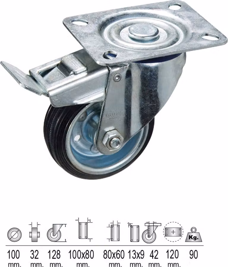 Piastra freno industriale in gomma nera per ruote 100 mm