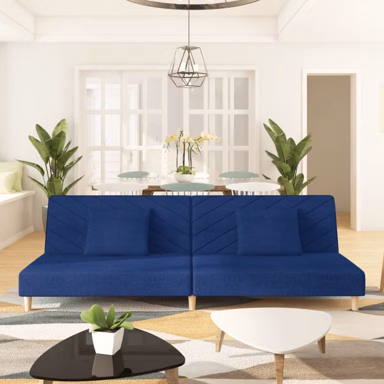 Divano letto 2 posti con 2 cuscini, tessuto blu, marca Maison Exclusive