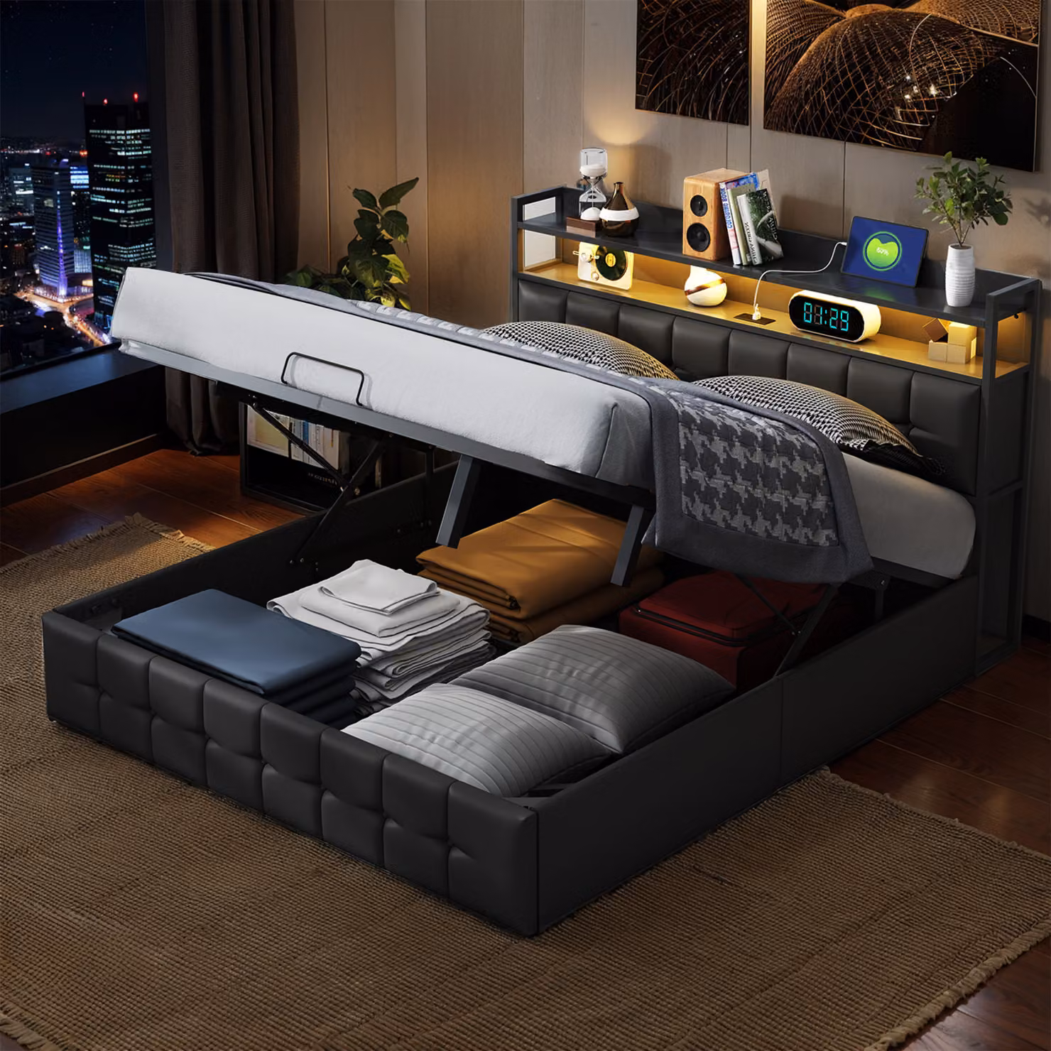 Letto imbottito CDGlobal 140x200cm con USB e rete a doghe, letto a molle idrauliche con contenitore, letto matrimoniale con testata contenitore e LED, PU, nero